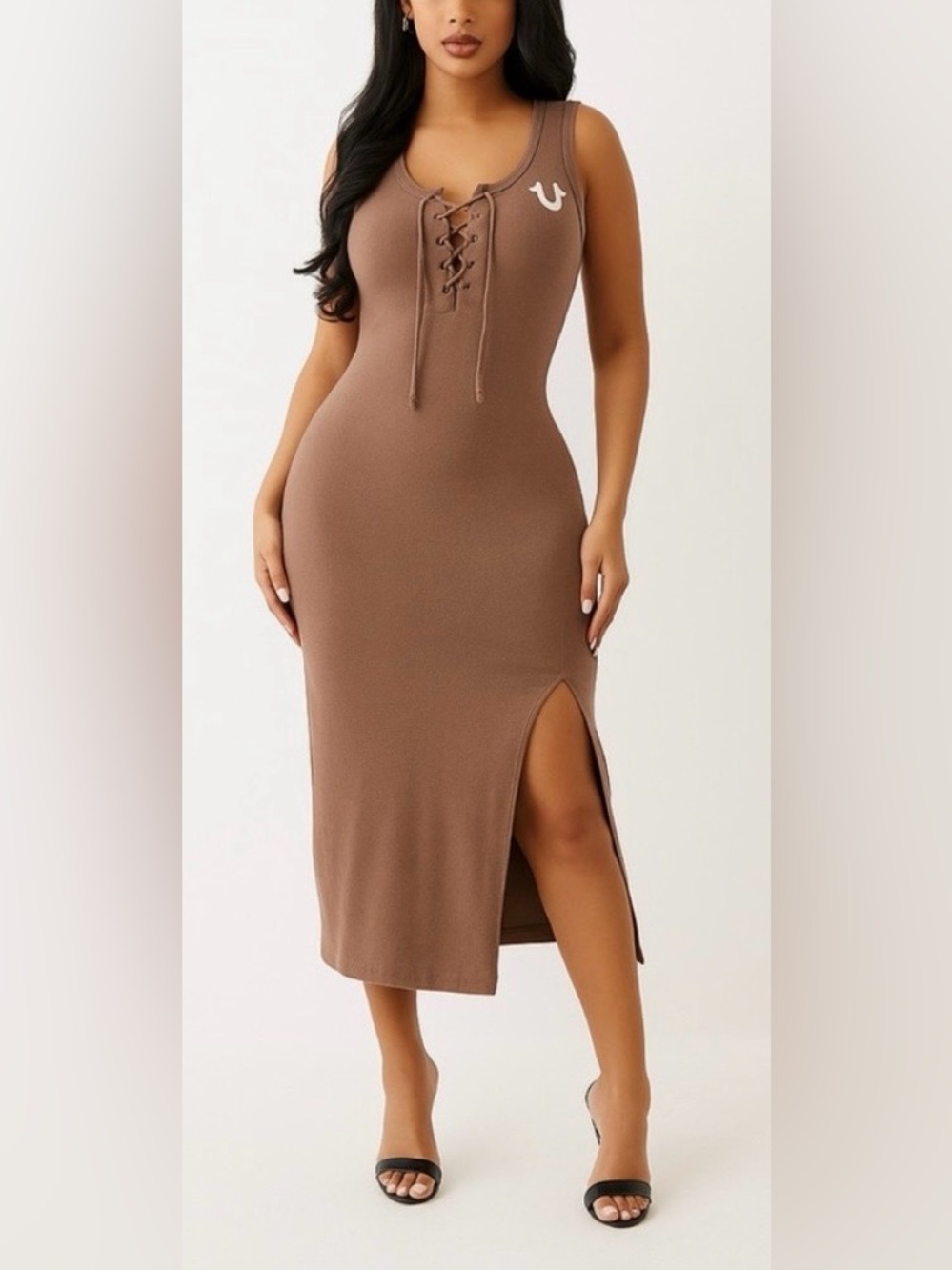 True Religion Beige Lace-Up Tank Maxi Dress Women M